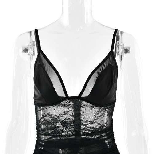Women's elegant and sexy low-cut lace jacquard see-through backless black dress