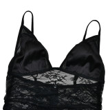 Women's elegant and sexy low-cut lace jacquard see-through backless black dress