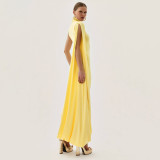 Women's solid color semi-high neck fitted waist sexy long prom dress