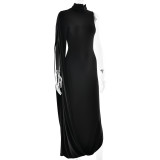 Women's solid color semi-high neck fitted waist sexy long prom dress