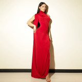 Women's solid color semi-high neck fitted waist sexy long prom dress