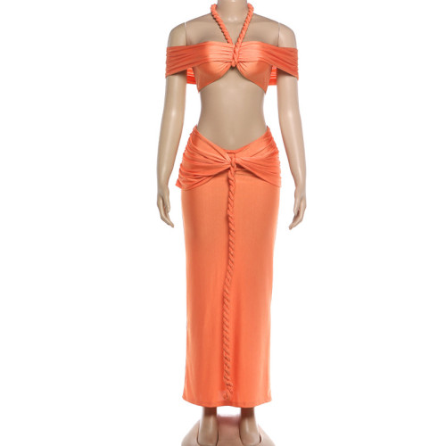 Women Sexy Solid Color Crop Top and Long Skirt Two-Piece Set