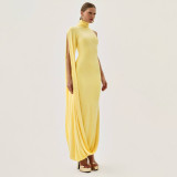 Women's solid color semi-high neck fitted waist sexy long prom dress