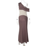 Women's 2026 Slash Shoulder Polka Dot Print Long Dress