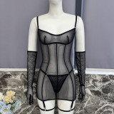 Sexy mesh chemise lingerie with gloves