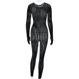 Sexy See-Through Seamless Striped Jacquard One-Piece Long Sleeve Jumpsuit