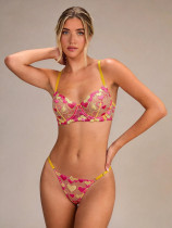 Sexy lingerie set mesh heart embroidery see-through thong and push-up bra set