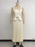 Elegant sleeveless solid color vest pleated long skirt set