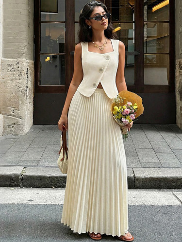 Elegant sleeveless solid color vest pleated long skirt set
