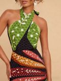 Positioning print crossover halter long dress