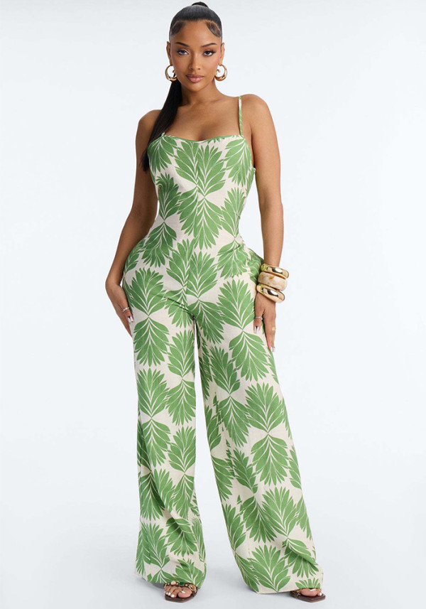 Women Summer Printed Sling Wide Leg Jumpsuit