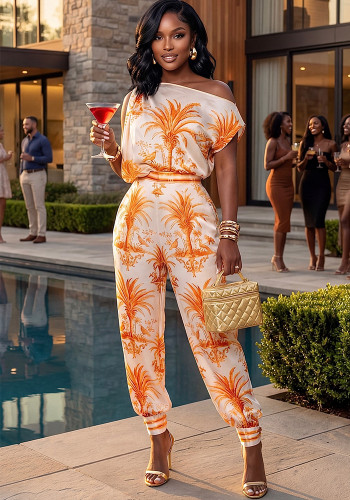 Women Printed Slash Shoulder Top and Pant Two-Piece Set