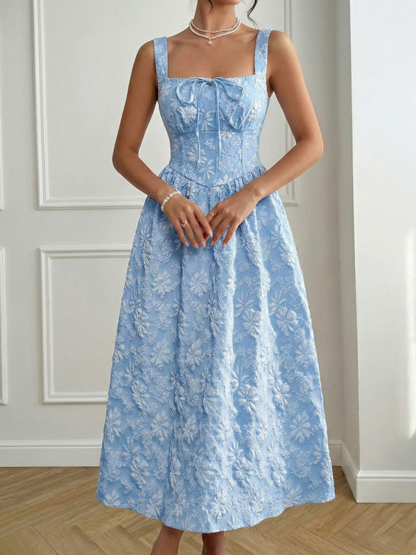 2026 Summer Blue Jacquard Spaghetti Strap Maxi Dress