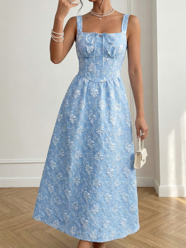 2026 Summer Blue Jacquard Spaghetti Strap Maxi Dress