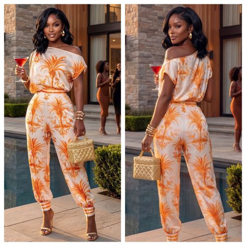 Women Printed Slash Shoulder Top and Pant Two-Piece Set