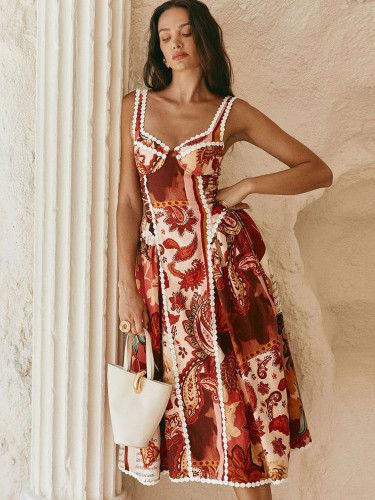 Spaghetti strap digital print resort midi dress