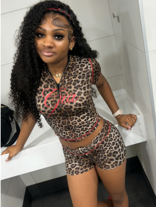Women Leopard Print Short Sleeve Top Shorts Two Piece Set