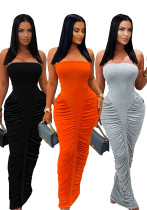 Women Solid Color Strapless Frill Long Bodycon Dres