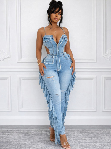 Sexy high-elastic tassel denim jumpsuit