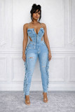 Sexy high-elastic tassel denim jumpsuit