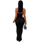Women Solid Color Strapless Frill Long Bodycon Dres