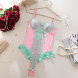Women's contrast color lace bodysuit open crotch lingerie