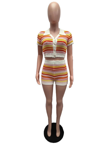 Women Knitted Stripes Two Piece Shorts Shorts Set
