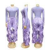 Casual Solid Color Long Sleeve Top and Ruffles Trousers Women  Two-Piece Set