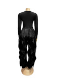 Casual Solid Color Long Sleeve Top and Ruffles Trousers Women  Two-Piece Set