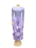 Casual Solid Color Long Sleeve Top and Ruffles Trousers Women  Two-Piece Set