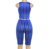 Women Blue Polka Dot Printed Top Shorts Two-Piece Set