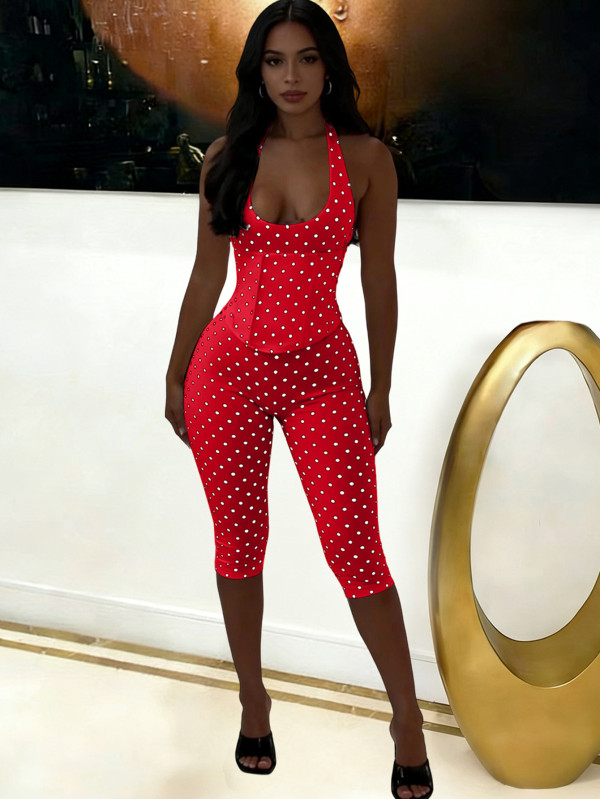 Women's halter neck polka dot zipper capri jumpsuit
