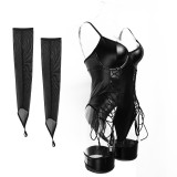 PU leather black lace-up bodysuit gloves stocking sexy lingerie five-piece set