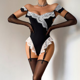 Sexy teddy lingerie set off-the-shoulder bodysuit + gloves + stockings