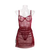 Sexy mesh see-through lace-up chemise lingerie set