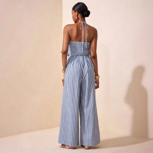 Women Halter Neck  Blue Stripes Jumpsuit