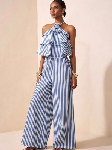 Women Halter Neck  Blue Stripes Jumpsuit