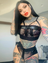 Sexy Black Mesh Cutout Lingerie Set PU Leather Club Dancer Wear