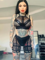 Sexy club dancer mesh PU leather lingerie set