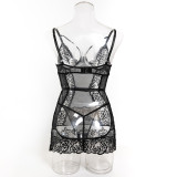 Lace embroidery sexy underwire push-up chemise lingerie set
