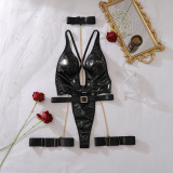 Chain-decorated PU leather bodysuit lingerie set