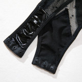 Mesh PU leather sexy lingerie see-through polka dot bodysuit
