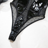 Mesh PU leather sexy lingerie see-through polka dot bodysuit