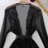 Sexy Lace Sheer Long-Sleeved Robe G-string Sexy Two-Piece Set