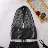 Lace PU leather halter top and bodycon mini skirt g-string sexy clubwear