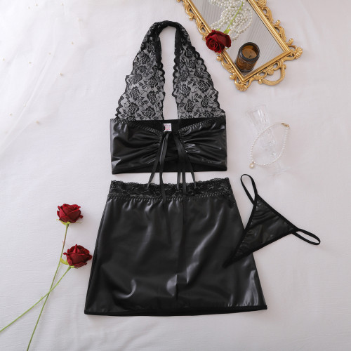 Lace PU leather halter top and bodycon mini skirt g-string sexy clubwear