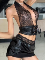 Lace PU leather halter top and bodycon mini skirt g-string sexy clubwear