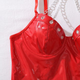 PU leather halter neck metal chain sexy bodycon dress g-string set