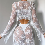 White lace tassel nightgown g-string lingerie set