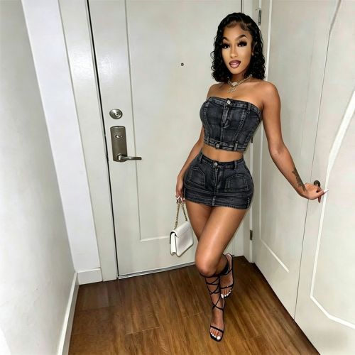 Women denim crop top mini skirt set